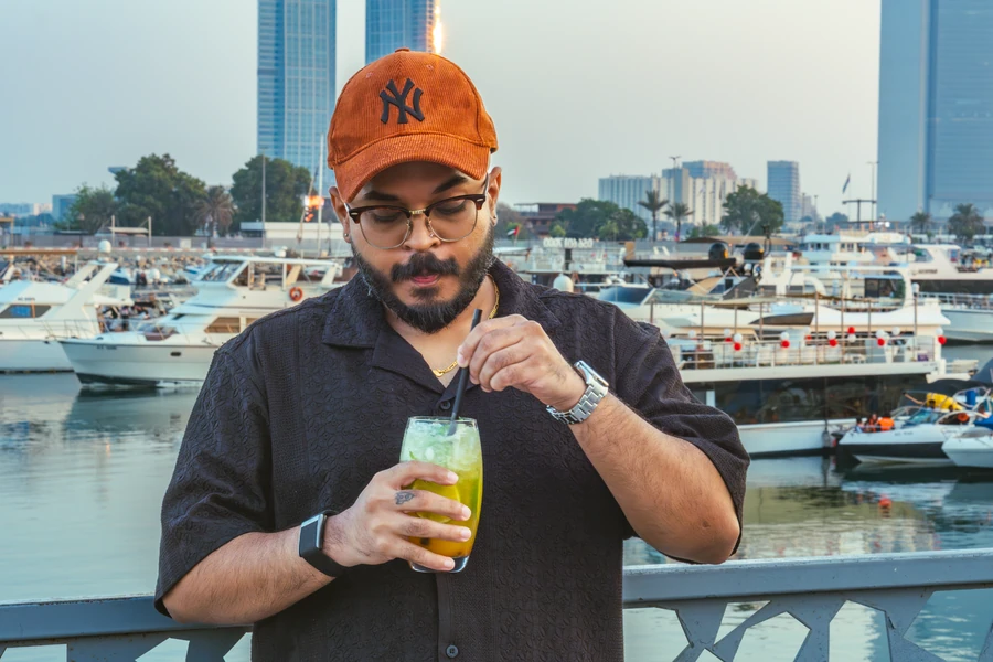 Enjoying a drink beside the harbour