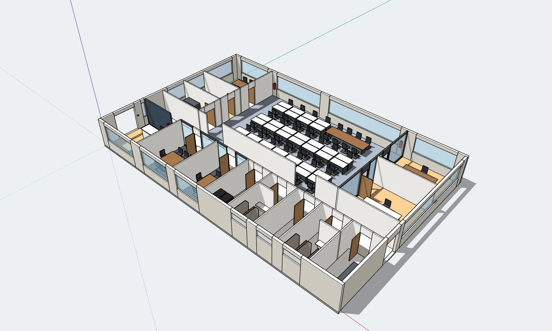 Axonometric office design with workstations, meeting rooms and lounge spaces
