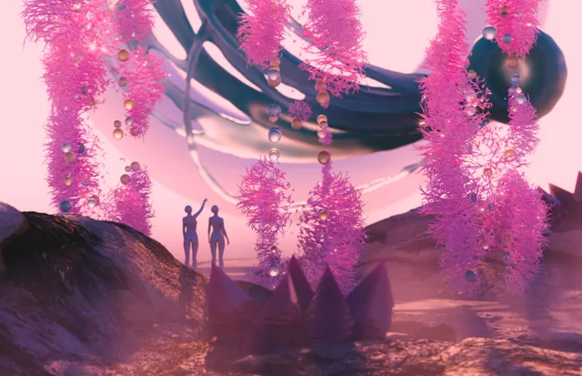 Pink alien landscape with two figures under a monumental floating form