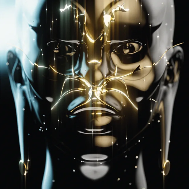 Reflective metallic face in black and gold